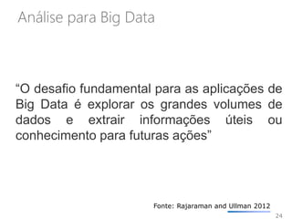 24
“O desaﬁo fundamental para as aplicações de
Big Data é explorar os grandes volumes de
dados e extrair informações úteis ou
conhecimento para futuras ações”
Fonte: Rajaraman and Ullman 2012
Análise para Big Data
 
