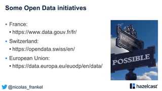 @nicolas_frankel
Some Open Data initiatives
 France:
• https://www.data.gouv.fr/fr/
 Switzerland:
• https://opendata.swiss/en/
 European Union:
• https://data.europa.eu/euodp/en/data/
 