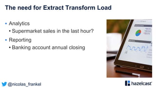 @nicolas_frankel
The need for Extract Transform Load
 Analytics
• Supermarket sales in the last hour?
 Reporting
• Banking account annual closing
 