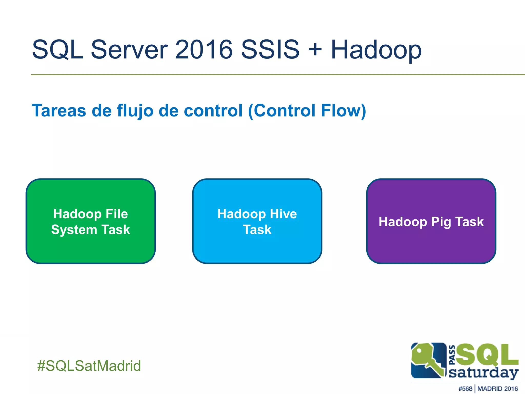 ##SQLSatMadrid
SQL Server 2016 SSIS + Hadoop
Tareas de flujo de control (Control Flow)
Hadoop File
System Task
Hadoop Hive
Task
Hadoop Pig Task
 
