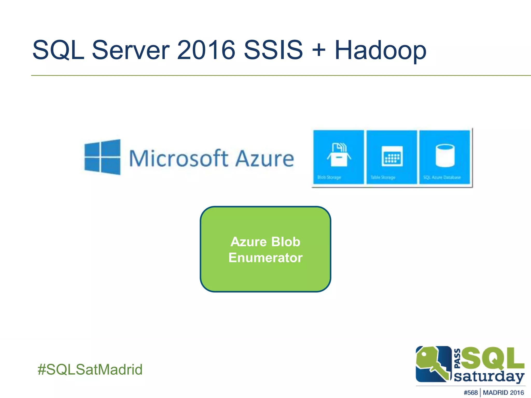##SQLSatMadrid
SQL Server 2016 SSIS + Hadoop
Azure Blob
Enumerator
 
