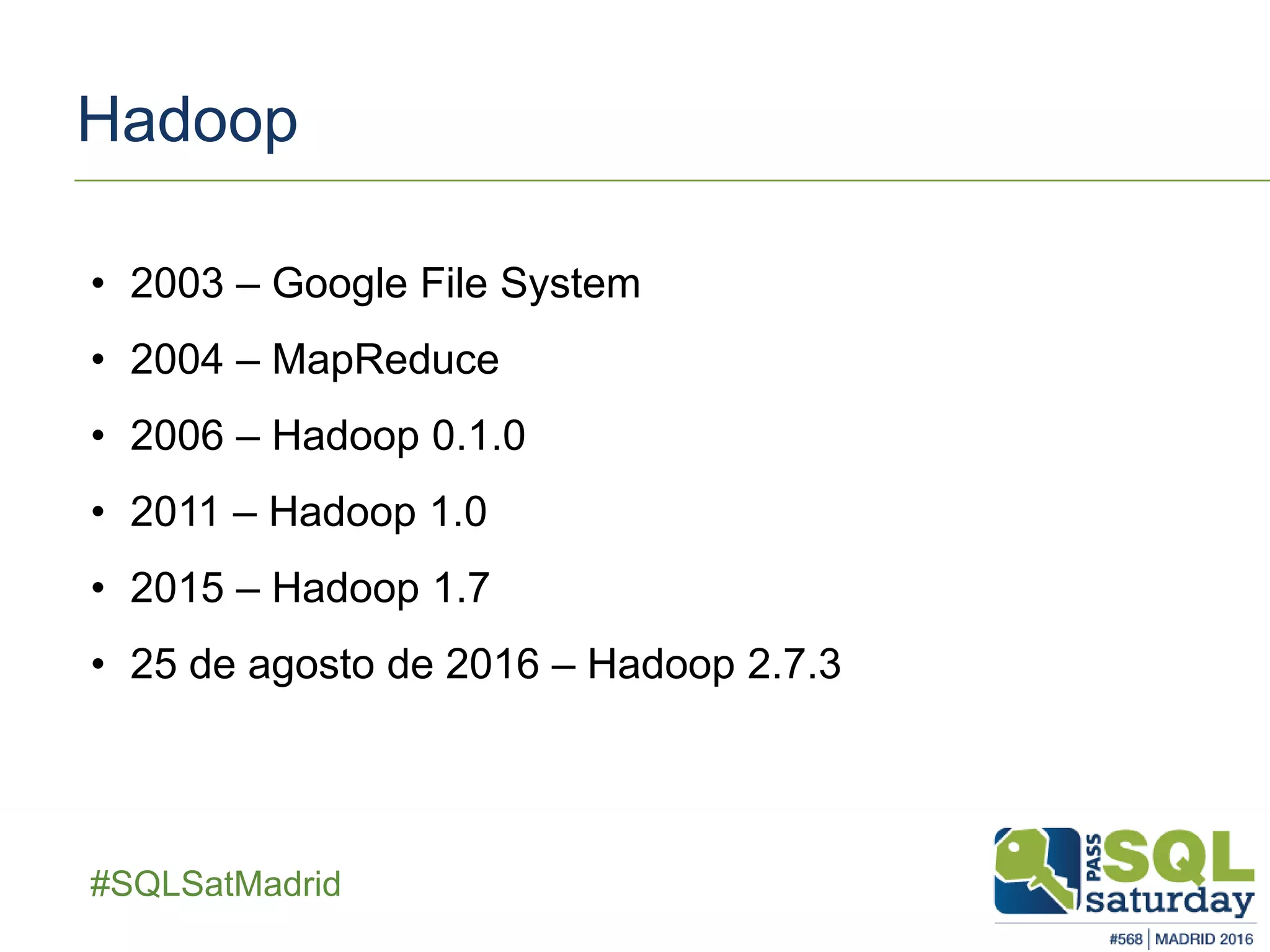 ##SQLSatMadrid
Hadoop
• 2003 – Google File System
• 2004 – MapReduce
• 2006 – Hadoop 0.1.0
• 2011 – Hadoop 1.0
• 2015 – Hadoop 1.7
• 25 de agosto de 2016 – Hadoop 2.7.3
 
