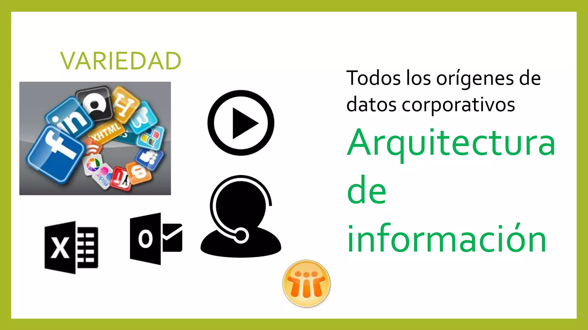 VARIEDAD
Todos los orígenes de
datos corporativos
Arquitectura
de
información
 