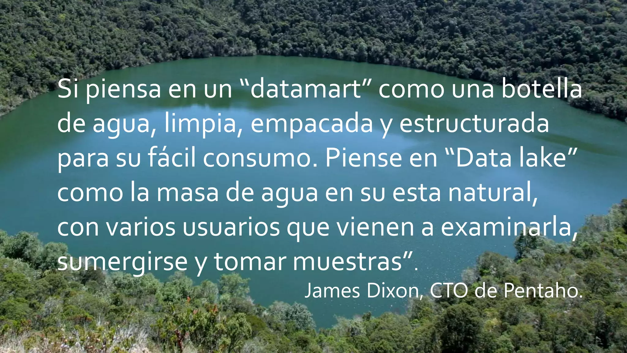 Si piensa en un “datamart” como una botella
de agua, limpia, empacada y estructurada
para su fácil consumo. Piense en “Data lake”
como la masa de agua en su esta natural,
con varios usuarios que vienen a examinarla,
sumergirse y tomar muestras”.
James Dixon, CTO de Pentaho.
 