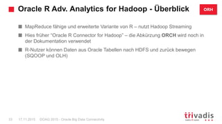Oracle R Adv. Analytics for Hadoop - Überblick
DOAG 2015 - Oracle Big Data Connectivity33 17.11.2015
MapReduce fähige und erweiterte Variante von R – nutzt Hadoop Streaming
Hies früher “Oracle R Connector for Hadoop” – die Abkürzung ORCH wird noch in
der Dokumentation verwendet
R-Nutzer können Daten aus Oracle Tabellen nach HDFS und zurück bewegen
(SQOOP und OLH)
ORH
 