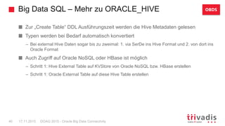 Big Data SQL – Mehr zu ORACLE_HIVE
DOAG 2015 - Oracle Big Data Connectivity40 17.11.2015
Zur „Create Table“ DDL Ausführungszeit werden die Hive Metadaten gelesen
Typen werden bei Bedarf automatisch konvertiert
– Bei external Hive Daten sogar bis zu zweimal: 1. via SerDe ins Hive Format und 2. von dort ins
Oracle Format
Auch Zugriff auf Oracle NoSQL oder HBase ist möglich
– Schritt 1: Hive External Table auf KVStore von Oracle NoSQL bzw. HBase erstellen
– Schritt 1: Oracle External Table auf diese Hive Table erstellen
OBDS
 
