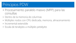 Principios PDW
• Procesamiento paralelo masivo (MPP) para las
consultas
• Dentro de la memoria de columnas
• Múltiples nodos con CPU dedicada, memoria, almacenamiento
• Incremental extensible
• Escala de terabytes a múltiples petabytes
 