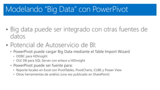 Modelando “Big Data” con PowerPivot
• Big data puede ser integrado con otras fuentes de
datos
• Potencial de Autoservicio de BI:
• PowerPivot puede cargar Big Data mediante el Table Import Wizard
• ODBC para HDInsight
• OLE DB para SQL Server con enlace a HDInsight
• PowerPivot puede ser fuente para:
• Reporte locales en Excel con PivotTables, PivotCharts, CUBE y Power View
• Otras herramientas de análisis (una vez publicado en SharePoint)
 
