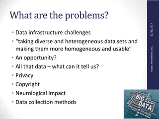 AccessInnovations,Inc..12/11/2013
What are the problems?
• Data infrastructure challenges
• “taking diverse and heterogeneous data sets and
making them more homogeneous and usable”
• An opportunity?
• All that data – what can it tell us?
• Privacy
• Copyright
• Neurological impact
• Data collection methods
 