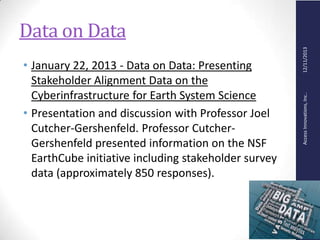 AccessInnovations,Inc..12/11/2013
Data on Data
• January 22, 2013 - Data on Data: Presenting
Stakeholder Alignment Data on the
Cyberinfrastructure for Earth System Science
• Presentation and discussion with Professor Joel
Cutcher-Gershenfeld. Professor Cutcher-
Gershenfeld presented information on the NSF
EarthCube initiative including stakeholder survey
data (approximately 850 responses).
 