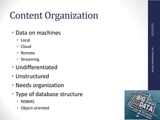AccessInnovations,Inc..12/11/2013
Content Organization
• Data on machines
• Local
• Cloud
• Remote
• Streaming
• Undifferentiated
• Unstructured
• Needs organization
• Type of database structure
• RDBMS
• Object oriented
 