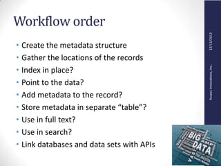 AccessInnovations,Inc..12/11/2013
Workflow order
• Create the metadata structure
• Gather the locations of the records
• Index in place?
• Point to the data?
• Add metadata to the record?
• Store metadata in separate “table”?
• Use in full text?
• Use in search?
• Link databases and data sets with APIs
 