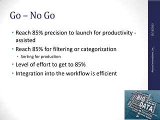 AccessInnovations,Inc..12/11/2013
Go – No Go
• Reach 85% precision to launch for productivity -
assisted
• Reach 85% for filtering or categorization
• Sorting for production
• Level of effort to get to 85%
• Integration into the workflow is efficient
 