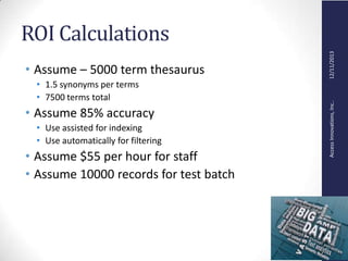 AccessInnovations,Inc..12/11/2013
ROI Calculations
• Assume – 5000 term thesaurus
• 1.5 synonyms per terms
• 7500 terms total
• Assume 85% accuracy
• Use assisted for indexing
• Use automatically for filtering
• Assume $55 per hour for staff
• Assume 10000 records for test batch
 