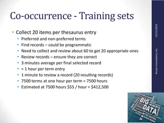 AccessInnovations,Inc..12/11/2013
Co-occurrence - Training sets
• Collect 20 items per thesaurus entry
• Preferred and non-preferred terms
• Find records – could be programmatic
• Need to collect and review about 60 to get 20 appropriate ones
• Review records – ensure they are correct
• 3 minutes average per final selected record
• = 1 hour per term entry
• 1 minute to review a record (20 resulting records)
• 7500 terms at one hour per term = 7500 hours
• Estimated at 7500 hours $55 / hour = $412,500
 