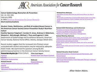 AccessInnovations,Inc..12/11/2013
Cancer Epidemiology Biomarkers & Prevention
Vol. 12, 161-164,
February 2003
© 2003 American Association for Cancer Research
Short Communications
Alcohol, Folate, Methionine, and Risk of Incident Breast Cancer in
the American Cancer Society Cancer Prevention Study II Nutrition
Cohort
Heather Spencer Feigelson1, Carolyn R. Jonas, Andreas S. Robertson,
Marjorie L. McCullough, Michael J. Thun and Eugenia E. Calle
Department of Epidemiology and Surveillance Research, American
Cancer Society, National Home Office, Atlanta, Georgia 30329-4251
Recent studies suggest that the increased risk of breast cancer
associated with alcohol consumption may be reduced by adequate
folate intake. We examined this question among 66,561
postmenopausal women in the American Cancer Society Cancer
Prevention Study II Nutrition Cohort.
Related Press Releases
•How What and How Much We Eat (And Drink) Affects Our Risk of
Cancer
•Novel COX-2 Combination Treatment May Reduce Colon Cancer Risk
Combination Regimen of COX-2 Inhibitor and Fish Oil Causes Cell
Death
•COX-2 Levels Are Elevated in Smokers
Related AACR Workshops and Conferences
•Frontiers in Cancer Prevention Research
•Continuing Medical Education (CME)
•Molecular Targets and Cancer Therapeutics
Related Meeting Abstracts
•Association between dietary folate intake, alcohol intake, and
methylenetetrahydrofolate reductase C677T and A1298C
polymorphisms and subsequent breast
•Folate, folate cofactor, and alcohol intakes and risk for colorectal
adenoma
•Dietary folate intake and risk of prostate cancer in a large prospective
cohort study
Related Working Groups
•Finance
•Charter
•Molecular Epidemiology
Related Education Book Content
Oral Contraceptives, Postmenopausal Hormones, and
Breast Cancer
Physical Activity and Cancer
Hormonal Interventions: From Adjuvant Therapy to Breast
Cancer PreventionRelated Awards
•AACR-GlaxoSmithKline Clinical Cancer Research Scholar
Awards
•ACS Award
•Weinstein Distinguished Lecture
Webcasts
Related Webcasts
Think Tank Report
Related Think Tank Report Content
After Helen Atkins
 