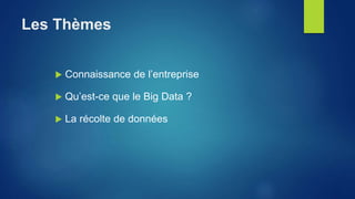 Les Thèmes
 Connaissance de l’entreprise
 Qu’est-ce que le Big Data ?
 La récolte de données
 