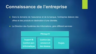 Connaissance de l’entreprise
 Dans le domaine de l’assurance et de la banque, l’entreprise élabore des
offres et des produits en destination d’une clientèle.
 La Direction des Systèmes des Informations, gère diffèrent services :
 