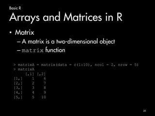 Basic R 
Arrays and Matrices in R 
• Matrix 
– A matrix is a two-dimensional object 
– matrix function 
20 
> matrixA = matrix(data = c(1:10), ncol = 2, nrow = 5) 
> matrixA 
[,1] [,2] 
[1,] 1 6 
[2,] 2 7 
[3,] 3 8 
[4,] 4 9 
[5,] 5 10 
 