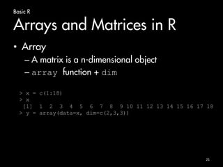 Basic R 
Arrays and Matrices in R 
• Array 
– A matrix is a n-dimensional object 
– array function + dim 
> x = c(1:18) 
> x 
[1] 1 2 3 4 5 6 7 8 9 10 11 12 13 14 15 16 17 18 
> y = array(data=x, dim=c(2,3,3)) 
21 
 