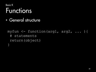 Basic R 
Functions 
30 
• General structure 
myfun <- function(arg1, arg2, ... ){ 
# statements 
return(object) 
} 
 