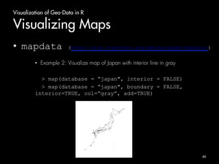 Visualization of Geo-Data in R 
Visualizing Maps 
• mapdata (http://cran.r-project.org/web/packages/mapdata/) 
• Example 2: Visualize map of Japan with interior line in gray 
> map(database = ”japan", interior = FALSE) 
> map(database = ”japan", boundary = FALSE, 
interior=TRUE, col=“gray”, add=TRUE) 
40 
 