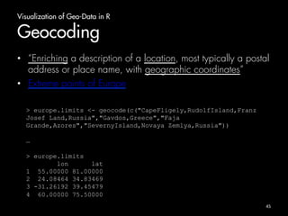 Visualization of Geo-Data in R 
Geocoding 
• “Enriching a description of a location, most typically a postal 
address or place name, with geographic coordinates” 
• Extreme points of Europe 
45 
> europe.limits <- geocode(c("CapeFligely,RudolfIsland,Franz 
Josef Land,Russia","Gavdos,Greece","Faja 
Grande,Azores","SevernyIsland,Novaya Zemlya,Russia")) 
… 
> europe.limits 
lon lat 
1 55.00000 81.00000 
2 24.08464 34.83469 
3 -31.26192 39.45479 
4 60.00000 75.50000 
 