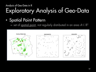 Analysis of Geo-Data in R 
Exploratory Analysis of Geo-Data 
• Spatial Point Pattern 
– set of spatial point, not regularly distributed in an area A R2 
Chorley−Ribble Data 
! 
! 
! 
! 
! 
! 
! 
! 
! 
! 
! 
! 
! 
! 
! 
! 
! 
! 
! 
! 
! 
! 
! 
! 
! 
! 
! 
! 
! 
! 
! 
! 
! 
! ! 
! 
! 
! 
! 
! 
! 
! ! 
! 
! 
! 
! 
! 
! 
! 
! 
! 
! 
! !! ! 
! 
japanesepines 
! ! 
! 
! ! 
! 
! 
! 
!! 
! ! 
! ! 
! ! 
! ! 
! 
! ! 
! 
! 
! 
! 
! 
! 
! 
! 
! 
! 
! 
! 
! ! 
! 
! 
! ! ! 
! 
! ! ! ! ! ! 
! 
! ! 
! 
! 
! ! 
! 
! 
! 
! 
! ! 
!! 
! ! ! 
redwoodfull 
! 
! 
! 
! !!! ! 
! ! ! ! ! ! ! !! ! ! !! ! ! ! !! !! 
! ! 
! ! 
! 
! !! 
! !! ! !!! !! ! ! ! ! ! !!! !!!! ! ! ! ! ! 
! ! 
! 
! 
! 
! 
! 
! ! 
! ! ! ! !! ! 
! ! !! 
! ! 
! ! ! 
! ! 
! 
! ! 
! !! ! 
! 
! ! ! 
! 
! 
! 
!! ! ! ! ! 
! ! 
! !! ! ! ! 
! 
! 
! 
! 
! ! !!! !! ! ! !! ! ! !! 
!! ! ! ! ! ! ! ! ! ! !! ! ! ! ! ! ! 
!!! ! 
!!!! 
! !! 
! 
! 
! 
!! !!!! ! ! ! ! !! 
! 
! 
!!! !! !! 
!!!!! 
52 
 