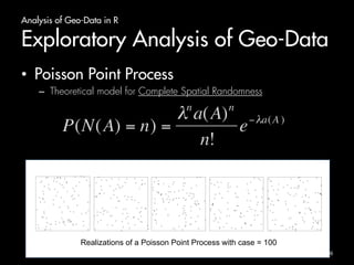 Analysis of Geo-Data in R 
Exploratory Analysis of Geo-Data 
• Poisson Point Process 
– Theoretical model for Complete Spatial Randomness 
! 
! ! 
! 
! 
! 
! 
! 
! 
! 
! 
! 
! 
! 
! 
! 
! 
! 
! 
! 
! 
! 
! 
! 
! 
! 
! 
! 
! 
! 
! 
! 
! 
! 
! 
! 
! 
! 
! 
! 
! 
! 
! 
! 
! 
! 
! 
! 
! 
! 
! 
! 
! 
! 
! 
! 
! 
! 
! 
! 
! 
! 
! 
! 
! 
! 
! 
! 
! 
! 
! 
! 
! 
! 
! 
! 
! 
! 
! 
! 
! 
! 
! 
! 
! 
! 
! 
! 
! 
! 
! 
! 
! 
! 
! 
! 
! 
! 
! 
! 
! 
! 
! 
! 
! 
! 
! 
! 
! 
! 
! ! 
! 
! 
! 
! 
! 
! 
! 
! 
! 
! 
! 
! 
! 
! 
! 
! 
! 
! 
! 
! 
! 
! 
! 
! 
! 
! 
! 
! 
! 
! 
! 
! 
! 
! 
! 
! 
! 
! 
! 
! 
! 
! 
! 
! 
! 
! 
! 
! 
! 
! 
! 
! 
! 
! 
! 
! 
! 
! 
! 
! 
! 
! 
! 
! 
! 
! 
! 
! 
! 
! 
! 
! 
! 
! 
! 
! 
! 
! 
! 
! 
! 
! 
! 
! 
! 
! 
! 
! 
! 
! 
! 
! 
! 
! ! 
! 
! 
! 
! 
! 
! 
! 
! 
! 
! 
! 
! 
! 
! 
! 
! 
! 
! 
! 
! 
! 
! 
! 
! 
! 
! 
! 
! 
! 
! 
! 
! 
! 
! 
! 
! 
! 
! 
! 
! 
! 
! 
! 
! 
! 
! 
! 
! 
! 
! 
! 
! 
! 
! 
! 
! 
! 
! 
! 
! 
! 
! 
! 
! 
! 
! 
! 
! 
! 
! 
! 
! 
! 
! 
! 
! 
! 
! 
! ! 
! 
! 
! 
! 
! 
! 
! 
! 
! 
! 
! 
! 
! 
! 
! 
! 
! 
!! 
! 
! ! 
! 
! 
! 
! ! 
! 
! 
! 
! 
! 
! 
! 
! 
! 
! 
! 
! 
! 
! 
! 
! 
! 
! 
! 
! 
! 
! 
! 
! 
! 
! 
! 
! 
! 
! 
! 
! 
! 
! 
! 
! 
! 
! 
! 
! 
! 
! 
! 
! 
! 
! 
! 
! 
! ! 
! 
! 
! 
! 
! ! 
! 
! 
! 
! 
! 
! 
! 
! 
! 
! 
! 
! 
! 
! 
! 
! 
! 
! 
! ! 
! 
! 
! 
! 
! 
! 
! 
! 
! 
! 
! 
! 
! 
! 
! 
! 
! 
! 
! 
! 
! 
! 
! 
! 
! 
! 
! 
! 
! 
! 
! 
! 
! 
! 
! 
! 
! 
! 
! 
! 
! 
! 
! 
! 
! 
! 
! 
! 
! 
! 
! 
! 
! 
! 
! 
! 
! 
! 
! 
! 
! 
! 
! 
! 
! 
! 
! 
! 
! 
! 
! 
! 
! 
! 
! 
! 
! 
! 
! 
! 
! 
Realizations of a Poisson Point Process with case = 100 
56 
 