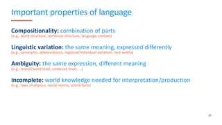 Important properties of language
Compositionality: combination of parts
(e.g., word structure, sentence structure, language context)
Linguistic variation: the same meaning, expressed differently
(e.g., synonyms, abbreviations, regional/individual variation, rare words)
Ambiguity: the same expression, different meaning
(e.g., lexical/word level, sentence level, ...)
Incomplete: world knowledge needed for interpretation/production
(e.g., laws of physics, social norms, world facts)
20
 