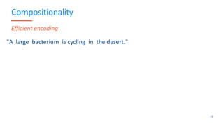 22
"A large bacterium is cycling in the desert."
Compositionality
Efficient encoding
 