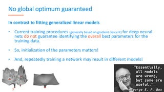 No global optimum guaranteed
In contrast to fitting generalized linear models
• Current training procedures (generally based on gradient descent) for deep neural
nets do not guarantee identifying the overall best parameters for the
training data.
• So, initialization of the parameters matters!
• And, repeatedly training a network may result in different models!
54
?
 