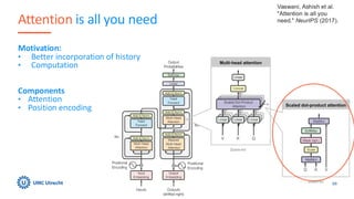 Attention is all you need
Motivation:
• Better incorporation of history
• Computation
Components
• Attention
• Position encoding
69
Vaswani, Ashish et al.
"Attention is all you
need." NeurIPS (2017).
 