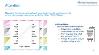 Attention
Main idea: The representation of each token can be transformed, based on the
context (without prioritizing closer words, like LSTMs / GRUs / RNNs).
70
Image:
https://medium.com/@vmirly/tutorial-on-
scaled-dot-product-attention-with-pytorch-
implementation-from-scratch-66ed898bf817
Implementation:
• Each word carries three vectors:
o A Query (the initial to be
updated word vector itself)
o A Key (representing what
words should 'match')
o A Value (how words should
transform other words).
 