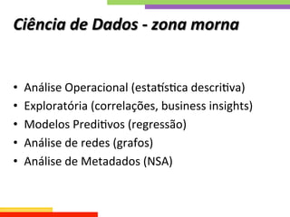 •  Análise	
  Operacional	
  (estamsQca	
  descriQva)	
  
•  Exploratória	
  (correlações,	
  business	
  insights)	
  
•  Modelos	
  PrediQvos	
  (regressão)	
  
•  Análise	
  de	
  redes	
  (grafos)	
  
•  Análise	
  de	
  Metadados	
  (NSA)	
  
Ciência	
  de	
  Dados	
  -­‐	
  zona	
  morna	
  
 