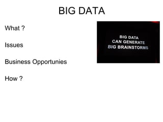 BIG DATA
What ?

Issues

Business Opportunies

How ?
 