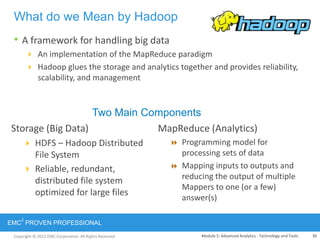 Copyright © 2012 EMC Corporation. All Rights Reserved.
EMC
2
PROVEN PROFESSIONAL
• A framework for handling big data
 An implementation of the MapReduce paradigm
 Hadoop glues the storage and analytics together and provides reliability,
scalability, and management
What do we Mean by Hadoop
Storage (Big Data)
 HDFS – Hadoop Distributed
File System
 Reliable, redundant,
distributed file system
optimized for large files
MapReduce (Analytics)
 Programming model for
processing sets of data
 Mapping inputs to outputs and
reducing the output of multiple
Mappers to one (or a few)
answer(s)
Two Main Components
30Module 5: Advanced Analytics - Technology and Tools
 