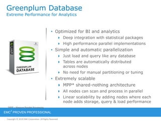 Copyright © 2012 EMC Corporation. All Rights Reserved.
EMC
2
PROVEN PROFESSIONAL
Copyright © 2011 EMC Corporation. All Rights Reserved.
Greenplum Database
Extreme Performance for Analytics
• Optimized for BI and analytics
 Deep integration with statistical packages
 High performance parallel implementations
• Simple and automatic parallelization
 Just load and query like any database
 Tables are automatically distributed
across nodes
 No need for manual partitioning or tuning
• Extremely scalable
 MPP* shared-nothing architecture
 All nodes can scan and process in parallel
 Linear scalability by adding nodes where each
node adds storage, query & load performance
*MPP – Massive Parallel Processing
 