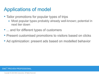 Copyright © 2012 EMC Corporation. All Rights Reserved.
EMC
2
PROVEN PROFESSIONAL
Copyright © 2011 EMC Corporation. All Rights Reserved.
Applications of model
• Tailor promotions for popular types of trips
 Most popular types probably already well-known; potential in
next tier down
• ... and for different types of customers
• Present customised promotions to visitors based on clicks
• Ad optimization: present ads based on modelled behavior
 