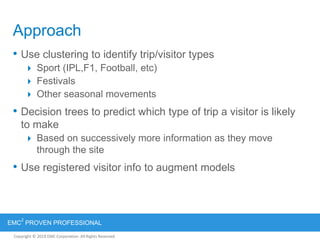 Copyright © 2012 EMC Corporation. All Rights Reserved.
EMC
2
PROVEN PROFESSIONAL
Copyright © 2011 EMC Corporation. All Rights Reserved.
Approach
• Use clustering to identify trip/visitor types
 Sport (IPL,F1, Football, etc)
 Festivals
 Other seasonal movements
• Decision trees to predict which type of trip a visitor is likely
to make
 Based on successively more information as they move
through the site
• Use registered visitor info to augment models
 