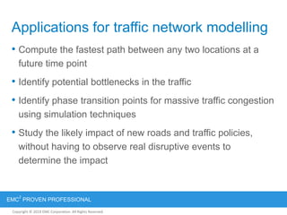 Copyright © 2012 EMC Corporation. All Rights Reserved.
EMC
2
PROVEN PROFESSIONAL
Copyright © 2011 EMC Corporation. All Rights Reserved.
Applications for traffic network modelling
• Compute the fastest path between any two locations at a
future time point
• Identify potential bottlenecks in the traffic
• Identify phase transition points for massive traffic congestion
using simulation techniques
• Study the likely impact of new roads and traffic policies,
without having to observe real disruptive events to
determine the impact
 