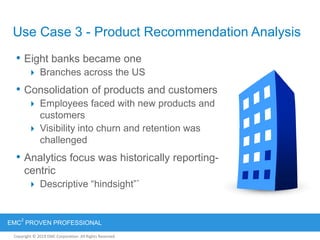 Copyright © 2012 EMC Corporation. All Rights Reserved.
EMC
2
PROVEN PROFESSIONAL
Copyright © 2011 EMC Corporation. All Rights Reserved.
Use Case 3 - Product Recommendation Analysis
• Eight banks became one
 Branches across the US
• Consolidation of products and customers
 Employees faced with new products and
customers
 Visibility into churn and retention was
challenged
• Analytics focus was historically reporting-
centric
 Descriptive “hindsight”`
 