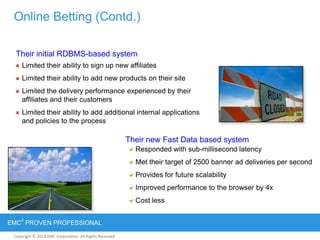 Copyright © 2012 EMC Corporation. All Rights Reserved.
EMC
2
PROVEN PROFESSIONAL
Copyright © 2011 EMC Corporation. All Rights Reserved.
Online Betting (Contd.)
Their initial RDBMS-based system
Limited their ability to sign up new affiliates
Limited their ability to add new products on their site
Limited the delivery performance experienced by their
affiliates and their customers
Limited their ability to add additional internal applications
and policies to the process
Their new Fast Data based system
Responded with sub-millisecond latency
Met their target of 2500 banner ad deliveries per second
Provides for future scalability
Improved performance to the browser by 4x
Cost less
 