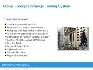 Copyright © 2012 EMC Corporation. All Rights Reserved.
EMC
2
PROVEN PROFESSIONAL
Copyright © 2011 EMC Corporation. All Rights Reserved.
Low-latency trade insertion
Permanent Archival of every trade
Kept pace with fast ticking market data
Rapid, Event Based Position Calculation
Distribution of Position Updates Globally
Consistent Global Views of Positions
Pass the Book
Regional Close-of-day
High Availability
Disaster Recovery
Regional Autonomy
The project achieved:
Global Foreign Exchange Trading System
 