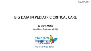 BIG DATA IN PEDIATRIC CRITICAL CARE
By Mohit Mehra
Lead Data Engineer, VPICU
1
August 5th, 2017
 