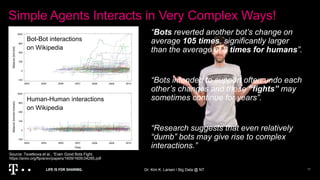 Simple Agents Interacts in Very Complex Ways!
Dr. Kim K. Larsen / Big Data @ NT 17
“Bots reverted another bot’s change on
average 105 times, significantly larger
than the average of 3 times for humans”.
Source: Tsvetkova et al., “Even Good Bots Fight,
https://arxiv.org/ftp/arxiv/papers/1609/1609.04285.pdf
Bot-Bot interactions
on Wikipedia
Human-Human interactions
on Wikipedia
“Bots intended to support often undo each
other’s changes and these “fights” may
sometimes continue for years”.
“Research suggests that even relatively
“dumb” bots may give rise to complex
interactions.”
 