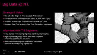 Big Data @ NT.
Dr. Kim K. Larsen / Big Data @ NT 3
Strategy & Vision.
 We call it the “Right-in-Time Big Data Architecture”.
 Serves all needs for foreseeable future (i.e., min. next 5 yrs).
 Supports all existing & proposed new network use cases.
 Supports Real Time and non-Real Time Technology use cases.
Alignment with IT & Segments.
 Fully aligned over-arching Big Data architectural principles.
 High degree of synergy with IT and other segments
embracing open source solutions.
 New components required by Network have been
identified & conceptually aligned with IT.
 