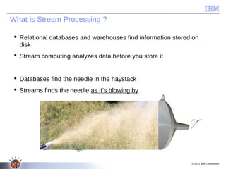 What is Stream Processing ?

  Relational databases and warehouses find information stored on
   disk
  Stream computing analyzes data before you store it


  Databases find the needle in the haystack
  Streams finds the needle as it’s blowing by




                                                              © 2011 IBM Corporation
 