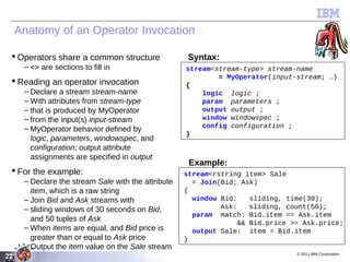 Anatomy of an Operator Invocation

  Operators share a common structure               Syntax:
     – <> are sections to fill in                   stream<stream-type> stream-name
                                                            = MyOperator(input-stream; …)
  Reading an operator invocation                   {
     – Declare a stream stream-name                     logic logic ;
     – With attributes from stream-type                 param parameters ;
     – that is produced by MyOperator                   output output ;
     – from the input(s) input-stream                   window windowspec ;
     – MyOperator behavior defined by                   config configuration ;
                                                    }
       logic, parameters, windowspec, and
       configuration; output attribute
       assignments are specified in output
                                                     Example:
  For the example:                                 stream<rstring item> Sale
     – Declare the stream Sale with the attribute     = Join(Bid; Ask)
       item, which is a raw string                  {
     – Join Bid and Ask streams with                  window Bid:   sliding, time(30);
     – sliding windows of 30 seconds on Bid,                 Ask:   sliding, count(50);
                                                      param match: Bid.item == Ask.item
       and 50 tuples of Ask                                      && Bid.price >= Ask.price;
     – When items are equal, and Bid price is         output Sale: item = Bid.item
       greater than or equal to Ask price           }
     – Output the item value on the Sale stream
                                                                               © 2011 IBM Corporation
22
22
 