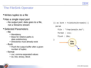 The FileSink Operator

  Writes tuples to a file
  Has a single input port
     – No output port: data goes to a file,        () as Sink = FileSink(StreamIn) {
       not a Streams stream                            param
  Selected Parameters                                  file : "/tmp/people.dat";
     – file                                             format : csv;
         • Mandatory
         • Base for relative paths is                   flush : 20u;
           data subdirectory                       }
         • Directories must already exist                          File-
     – flush                                                       Sink
         • Flush the output buffer after a given
           number of tuples
     – format
         • csv: comma-separated values
         • txt, line, binary, block



                                                                           © 2011 IBM Corporation
27
 